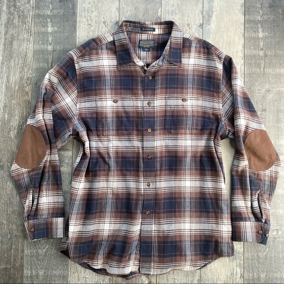 Pendleton Other - PENDLETON Men's Elbow Patch Plaid Brown Flannel Hawthorne Button Down Shirt XL
